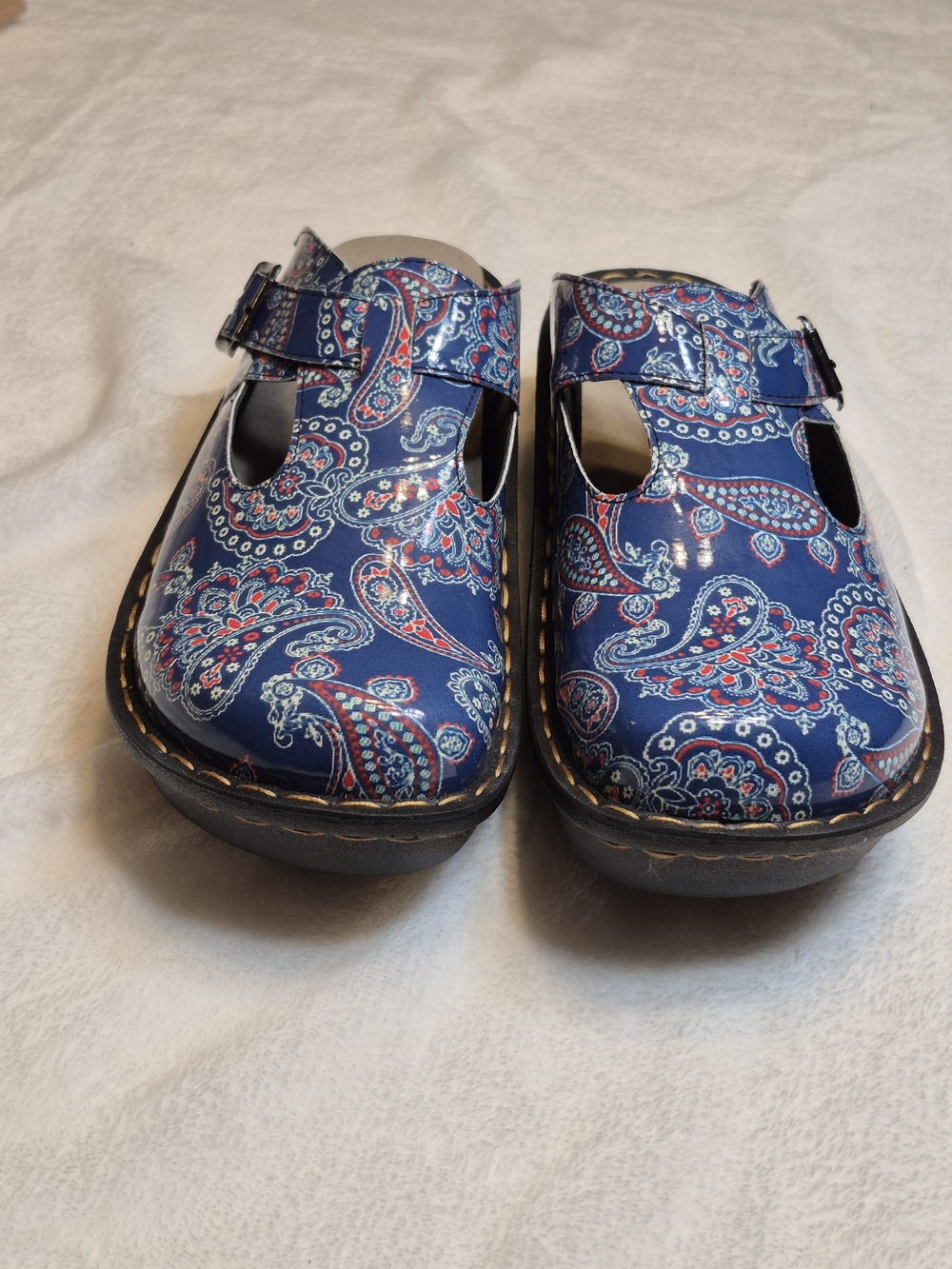 Women’s Paisley Navy Blue Clog Mules with Adjustable Strap Slip Resistant
